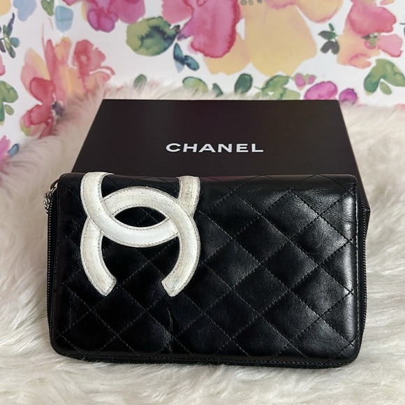 💯Authentic Calfskin Cambon Zip Around Organizer Wallet Black White 🍀 - Picture 14 of 17